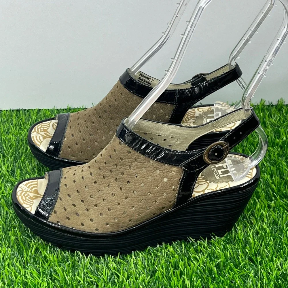FLY LONDON Wedge Sandals Perforated‎ Suede Black Patent Leather Sz EU37 US 6-6.5